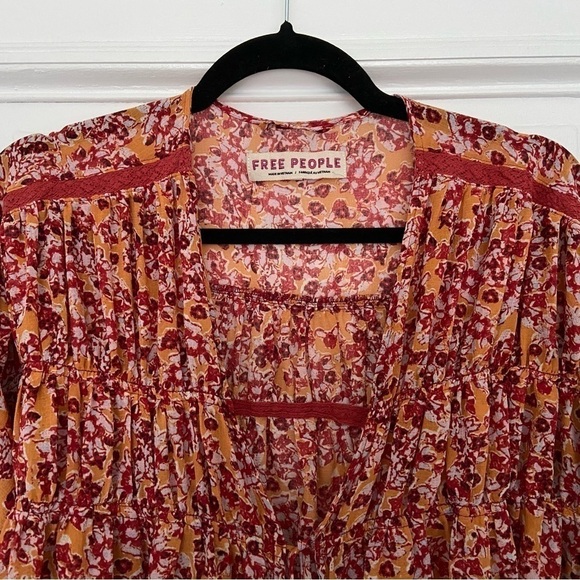Free People Tiered Kimono Tie Front Orange Red Pattern Flowy Lightweight Blouse - Picture 8 of 14